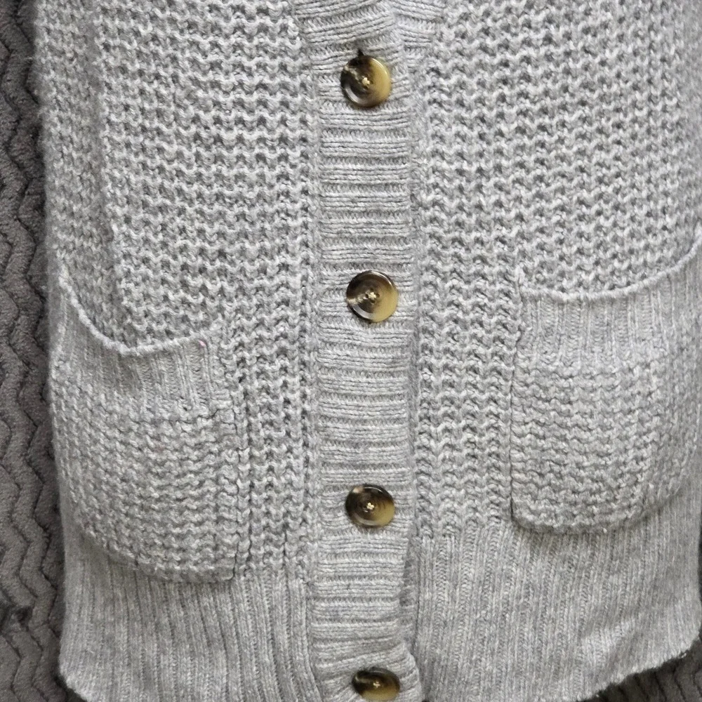 Aerie Cardigan Womens Large Grey Wool Blend Chunky Waffle Knit Boyfriend Sweater